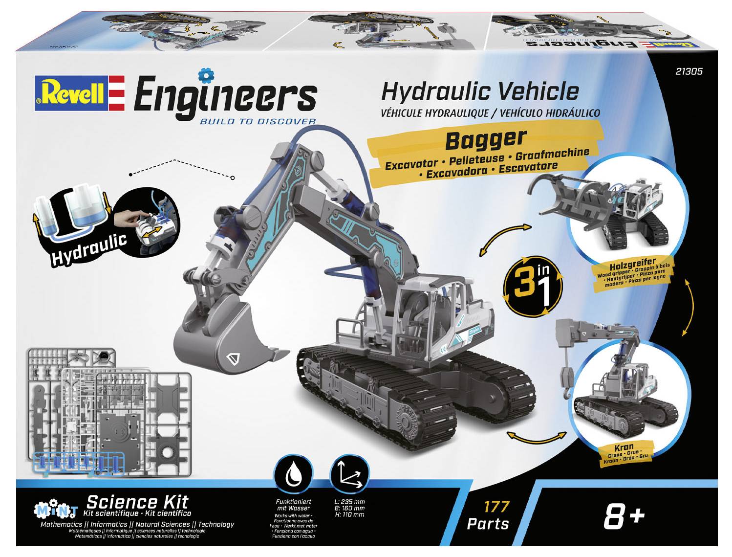 Kit scientifique d'ingénierie Revell pour enfants à partir de 8 ans : Véhicule de construction hydraulique 3-en-1, excavatrice, grue télescopique et grue. 177 pièces.