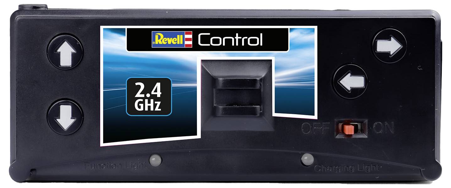Télécommande 2,4 GHz pour Revell Control. Quatre flèches directionnelles, interrupteur marche/arrêt et voyant de contrôle sur la face avant.