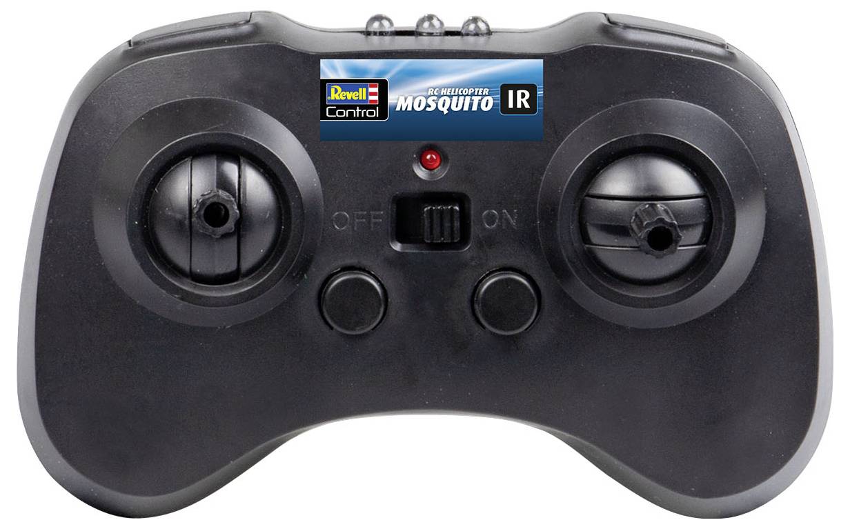 Télécommande noire avec manches de commande ; étiquette 'Revell Control RC Helicopter Mosquito IR'.