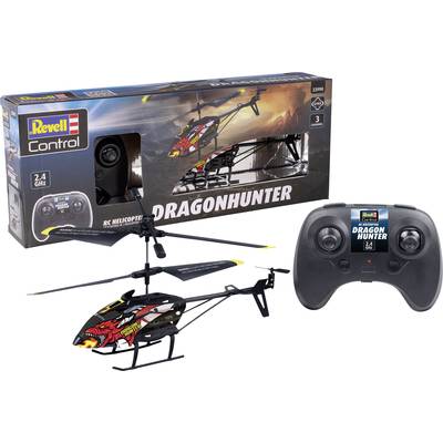 Hélicoptère télécommandé 'Dragonhunter' de Revell avec télécommande. L'emballage présente l'hélicoptère en action.