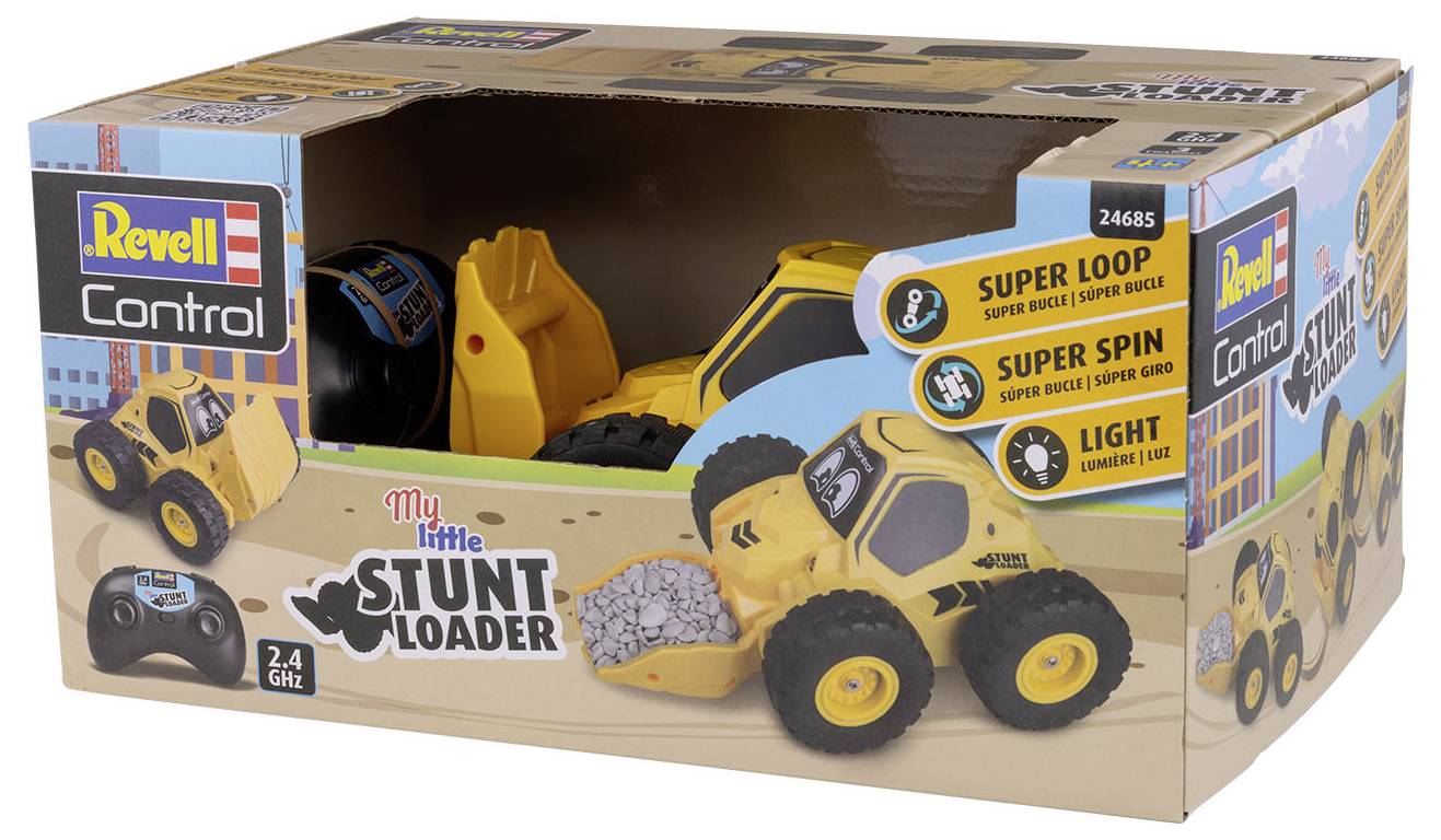 Emballage d'un pelleteuse télécommandée 'Revell Control Stunt Loader', avec des fonctions telles que 'Super Boucle', 'Super Rotation', et 'Lumière'.