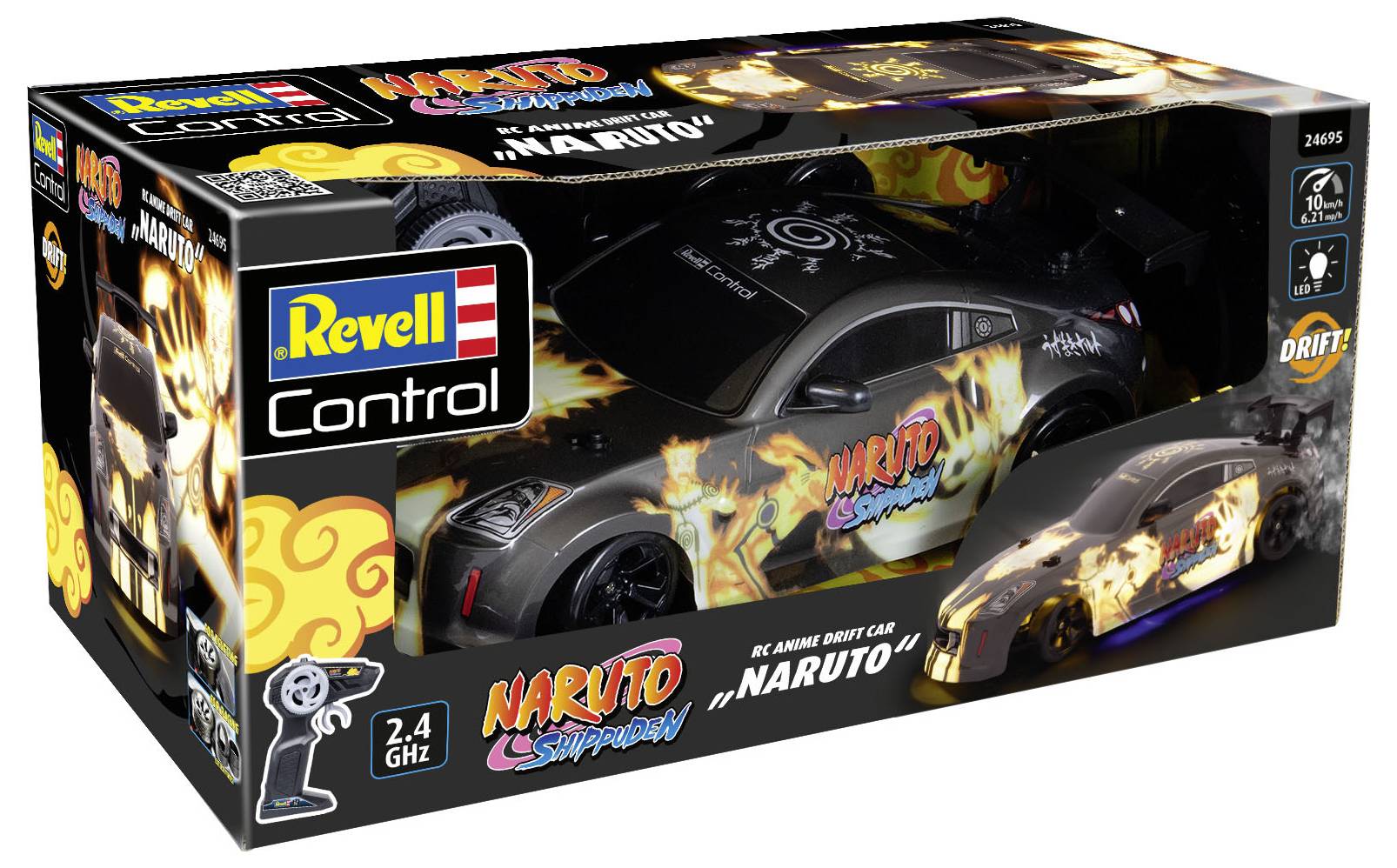 Voiture télécommandée avec design 'Naruto: Shippuden' dans son emballage de produit. Logo Revell Control et fonctionnalités de télécommande 2,4 GHz visibles.