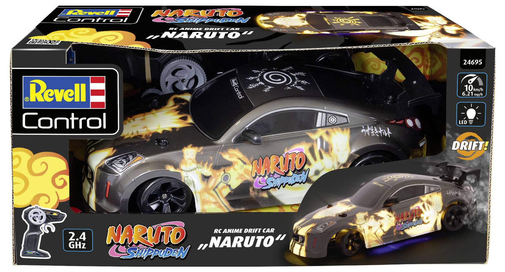 Voiture télécommandée dérapante au design de 'Naruto Shippuden' avec un motif de flammes sur l'emballage, télécommande incluse.