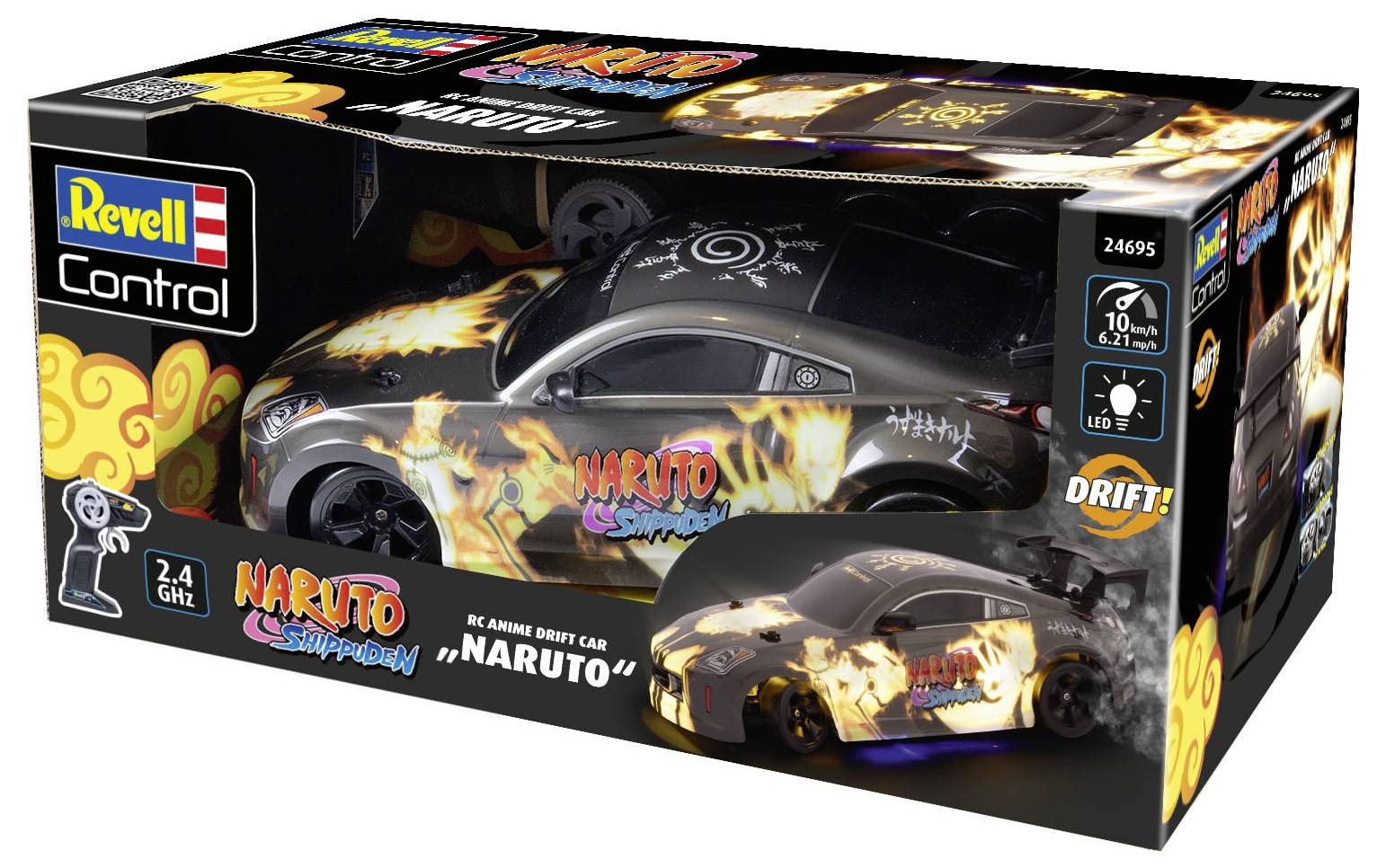 Emballage d'une voiture télécommandée, modèle 'Naruto Shippuden' avec des motifs de flammes lumineuses et de personnages, conçue pour les courses de drift.