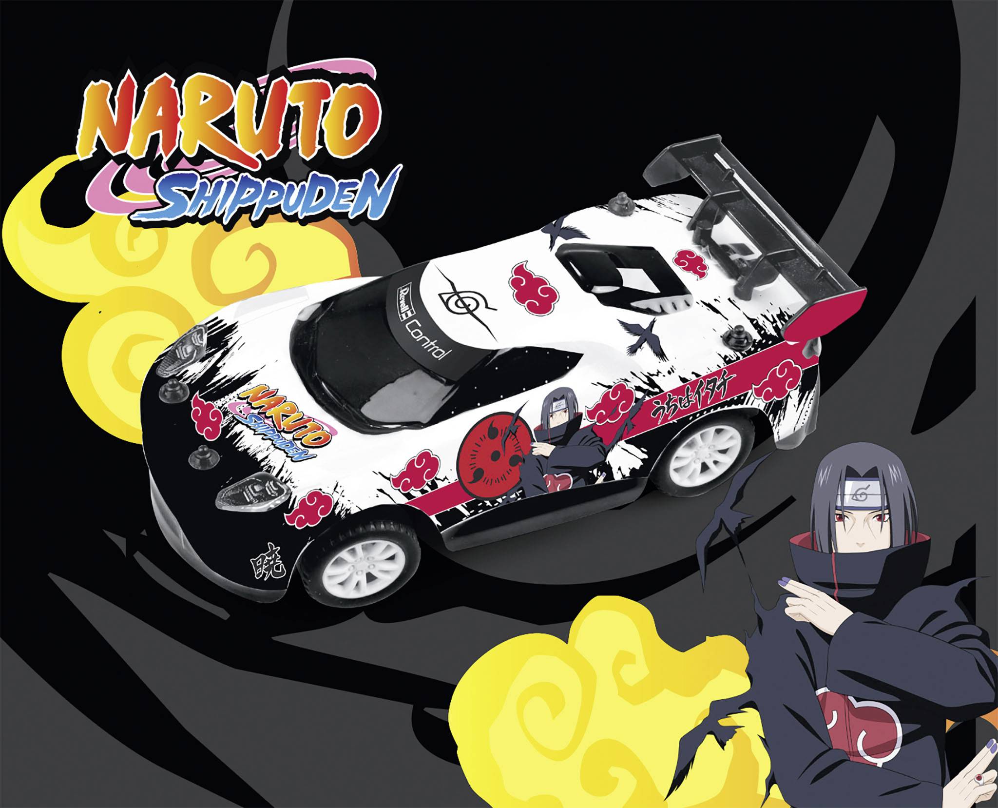 Design de 'Naruto Shippuden' sur une voiture de jouet avec des accents noirs et rouges, à côté d'un dessin d'un personnage portant un bandeau frontal.