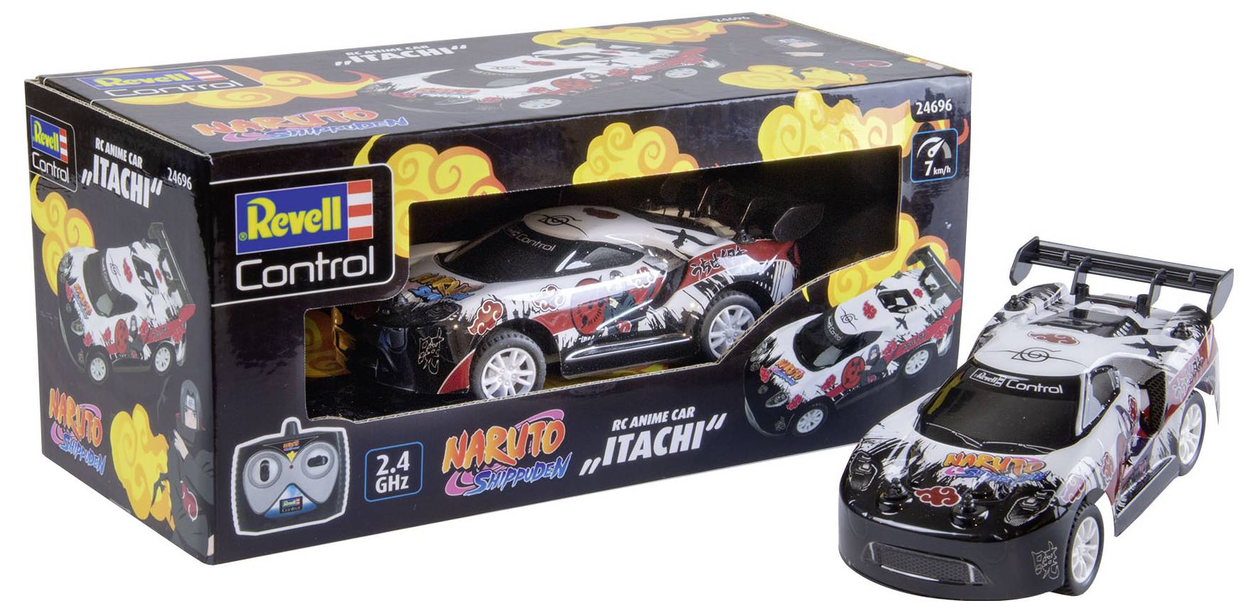 Voiture télécommandée au design 'Naruto Shippuden' nommée 'Itachi', présentée dans son emballage. Contient des détails noirs, rouges et blancs.