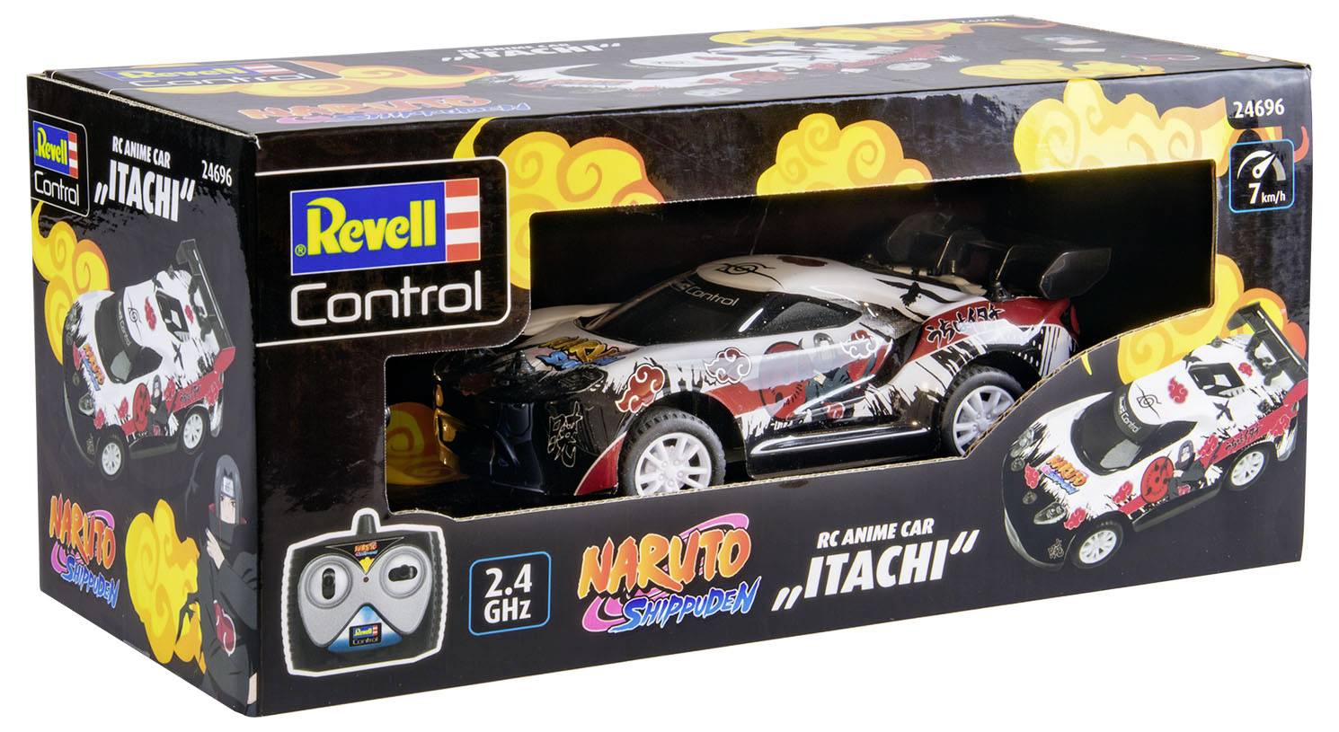 Emballage télécommandée Naruto Shippuden avec motif ninja. Comprend une télécommande et des designs ninja sur le véhicule. Adapté aux enfants de 7 ans et plus.