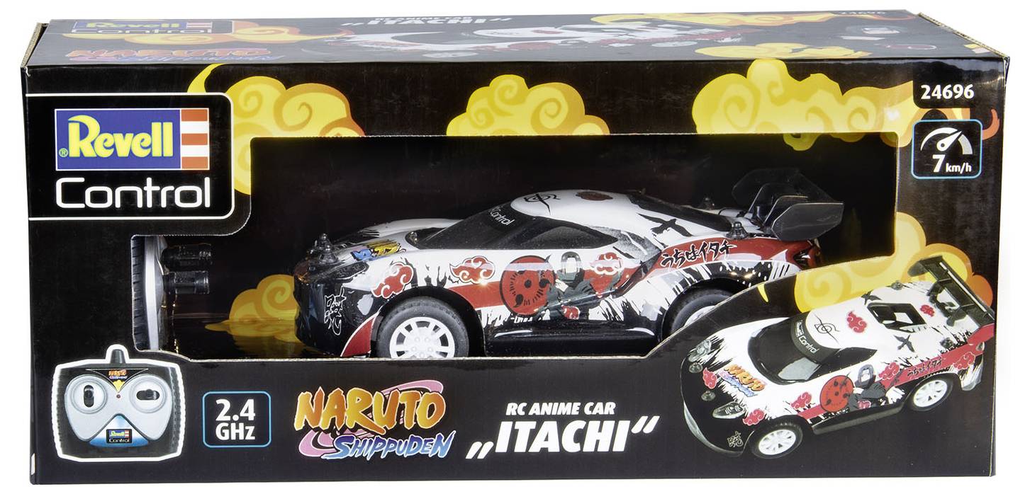 L'emballage présente une voiture télécommandée dans le style de Naruto avec un design Itachi. Le carton comprend un logo Revell Control et des détails techniques.