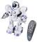 Un robot jouet blanc et bleu se tient à côté d'une télécommande noire. Le robot porte l'inscription 'Robot F-GIANT'.