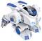 Un robot blanc avec des touches bleues, un design futuriste, de grandes roues sur les côtés, des capteurs avant visibles, donnant l'impression d'être capable de se déplacer.