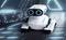 Un petit robot blanc et bleu avec deux yeux ronds distinctifs se tient dans un environnement futuriste baigné de lumières néon bleu.