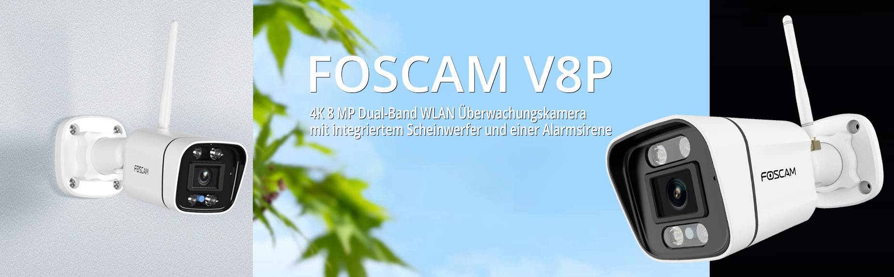 Caméra de surveillance Foscam V8P, 4K 8MP, pour extérieur. Écran affichant l'image de la caméra et le texte : '4K/8 MP Wi-Fi double bande'.