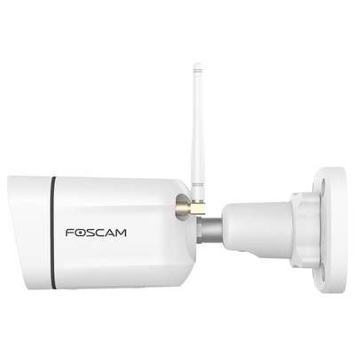 Une caméra de sécurité blanche de marque Foscam avec antenne, montée sur un support mural, destinée à la vidéosurveillance extérieure.