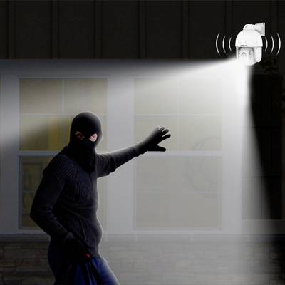 Une personne vêtue de noir et portant un masque est détectée par un projecteur de sécurité avec détecteur de mouvement intégré dans un jardin.