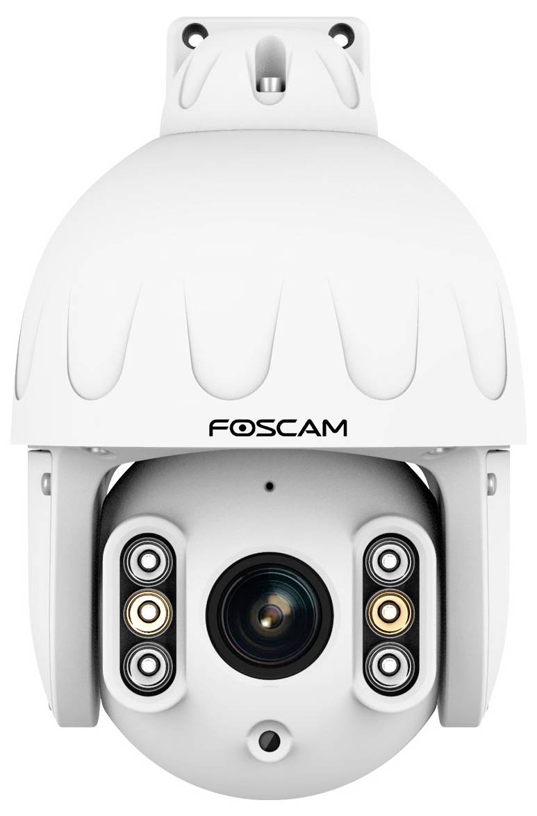 Caméra de surveillance Foscam, boîtier blanc avec quatre voyants LED autour de l'objectif, adaptée aux applications de sécurité.