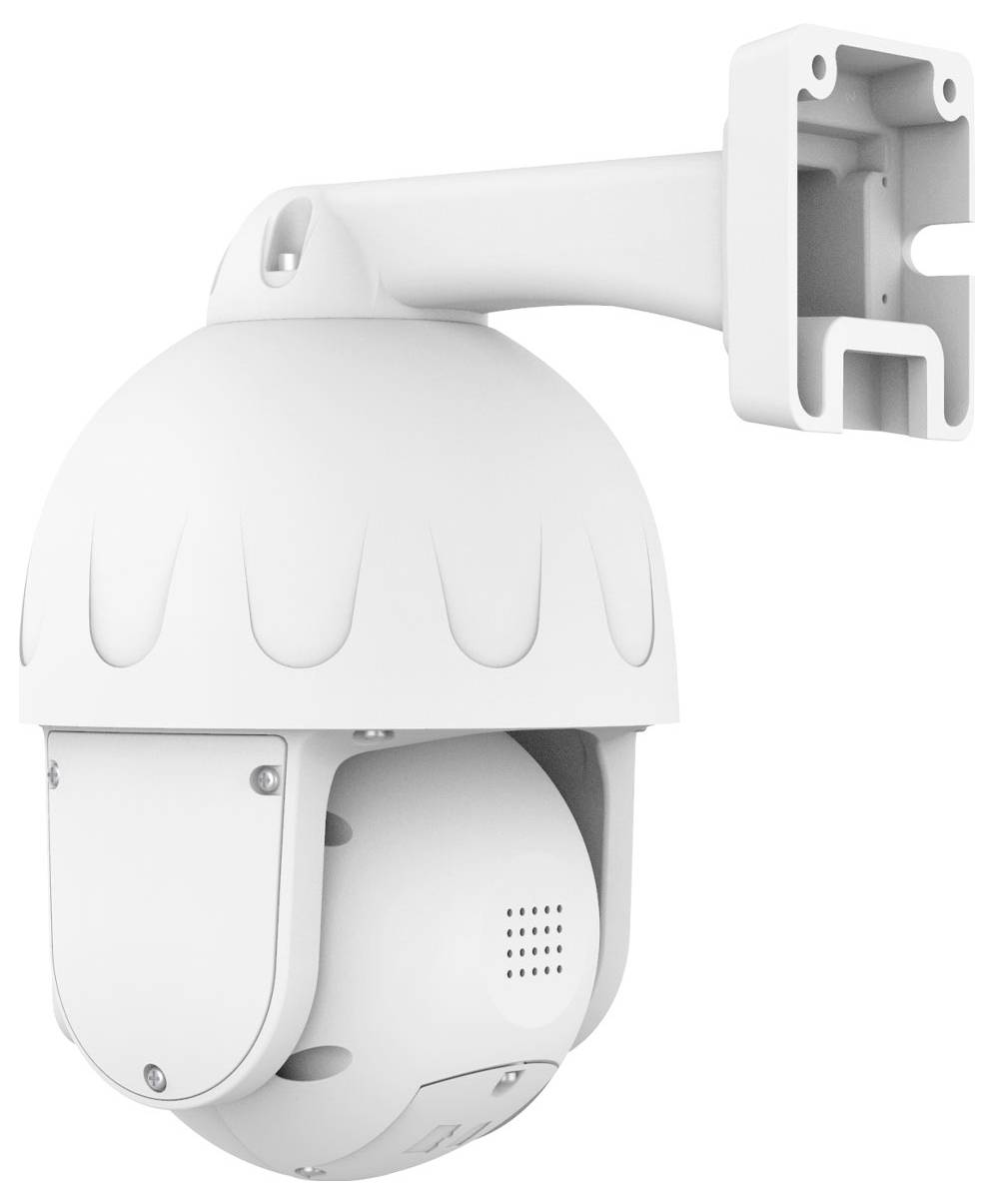 Une caméra de surveillance blanche avec un boîtier pivotant, montée sur un support mural, installée pour la sécurité.