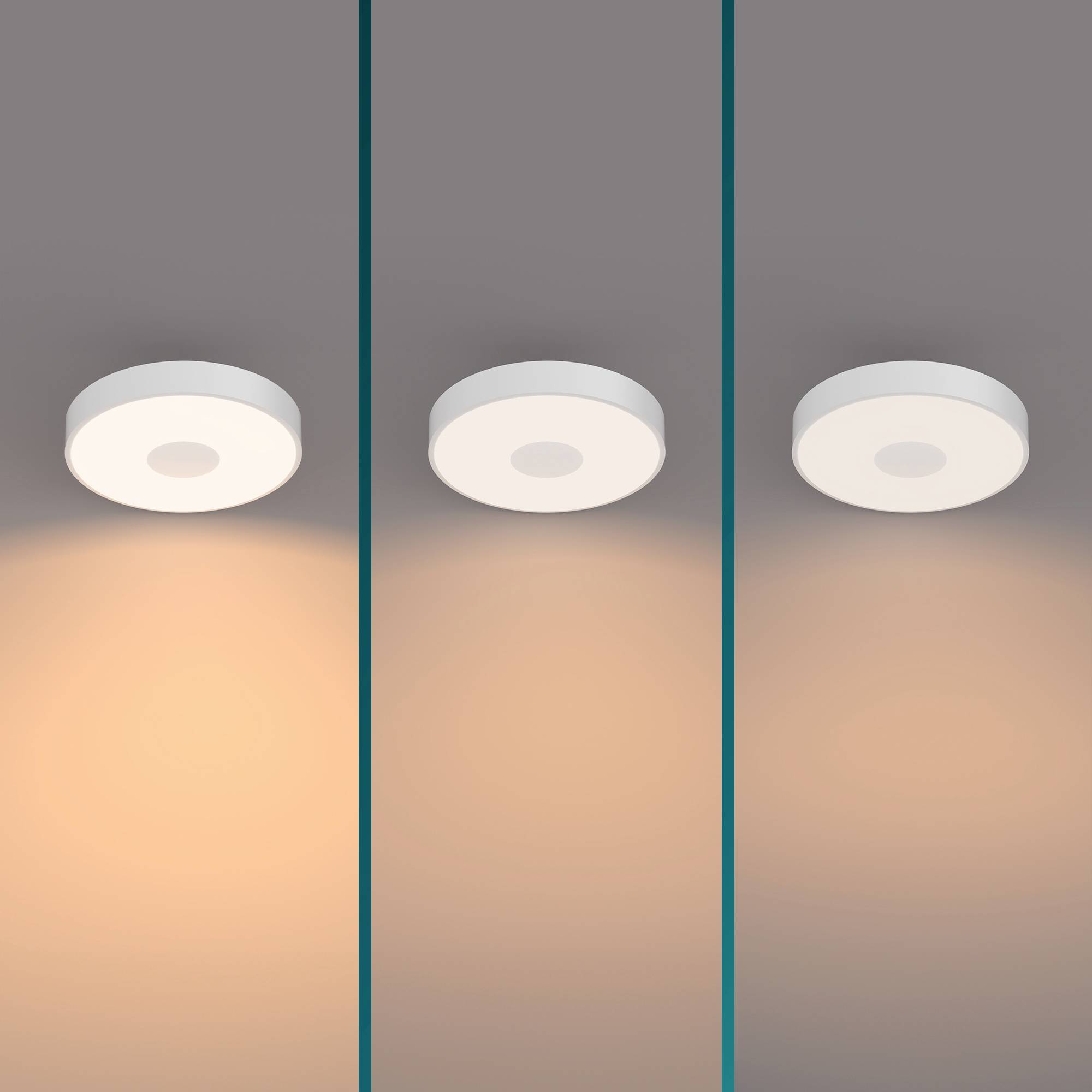 Trois luminaires circulaires de plafond avec différentes intensités lumineuses, de gauche à droite : faible, moyenne, forte.