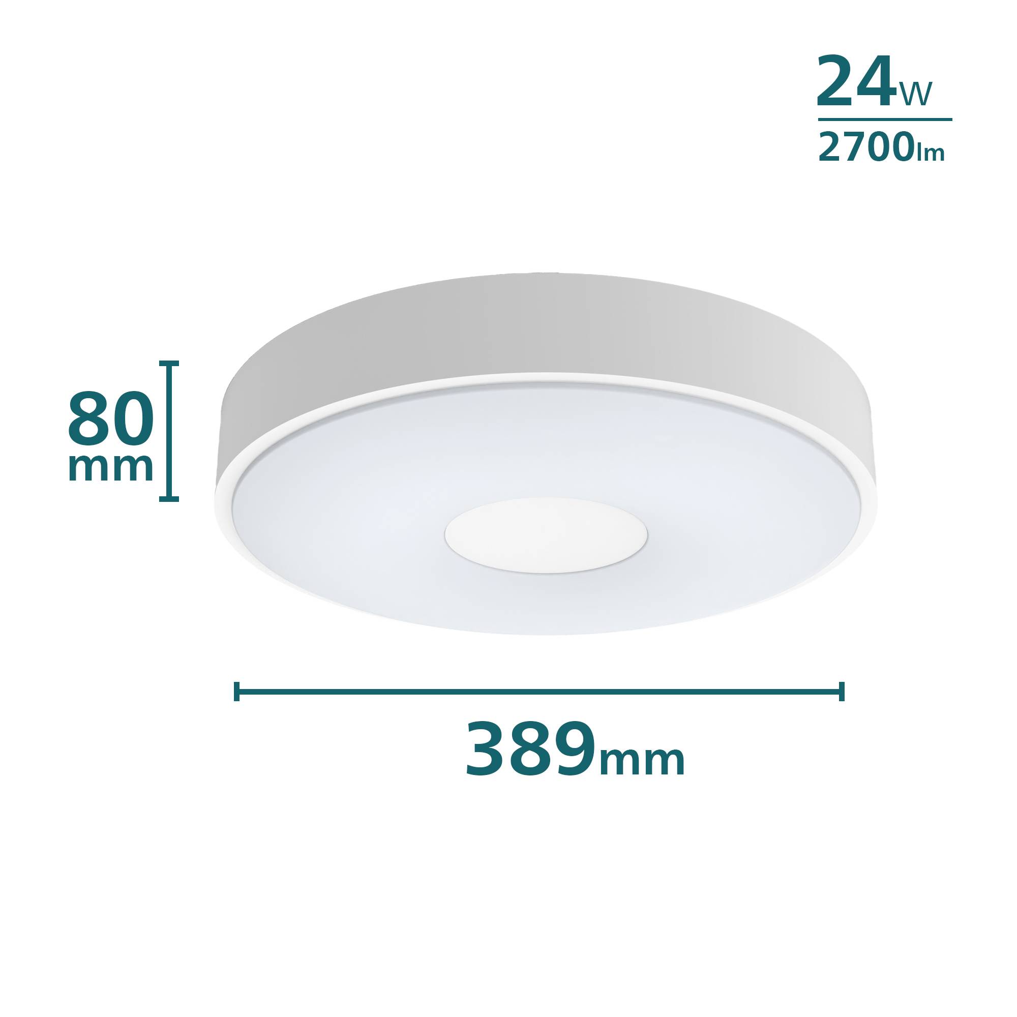 Plafonnier LED moderne et rond en blanc, de 389 mm de largeur et 80 mm de hauteur, d'une puissance de 24 watts et offrant une luminosité de 2700 lumens.