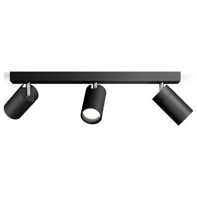Spots de plafond modernes noirs à triple tête, avec des projecteurs ronds orientables, montés sur une rail horizontale.