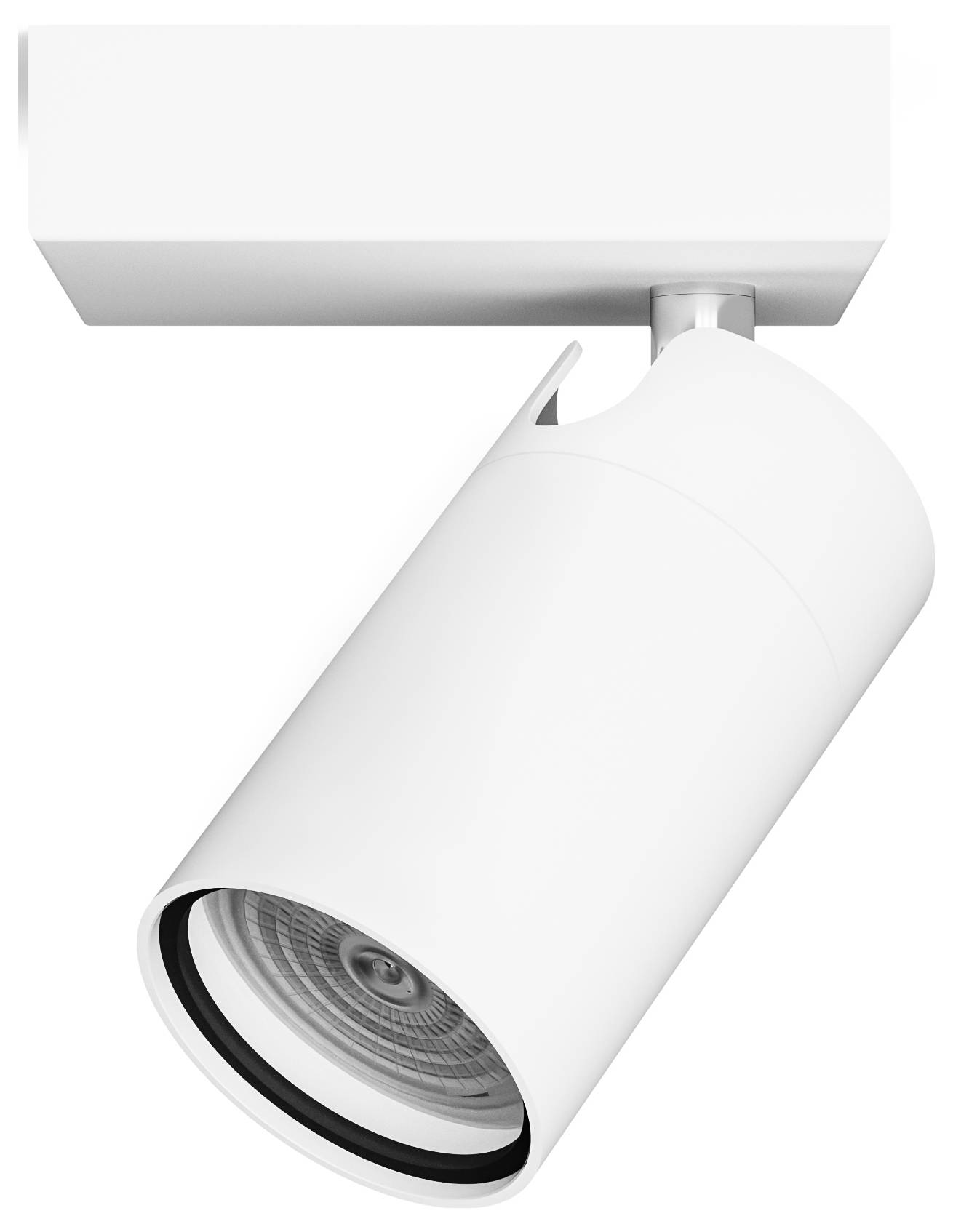 Luminaire de plafond blanc cylindrique au design moderne, orienté vers le bas. Idéal pour un éclairage ciblé dans les espaces intérieurs.
