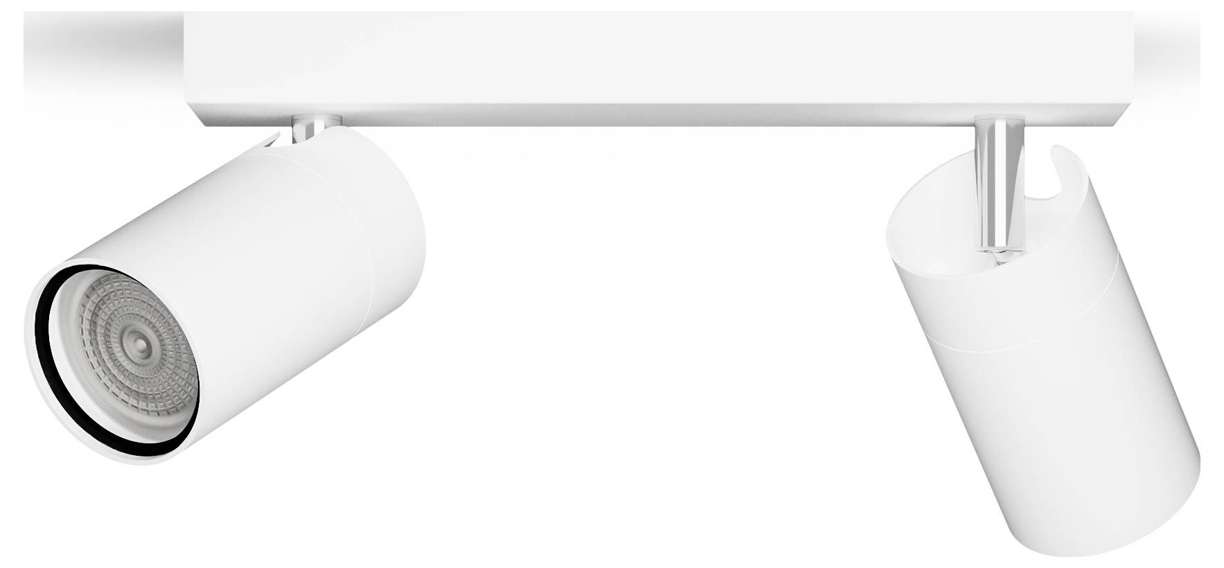 Deux spots de plafond LED cylindriques blancs montés sur une rail, chacun orienté dans une direction différente, pour un éclairage directionnel.