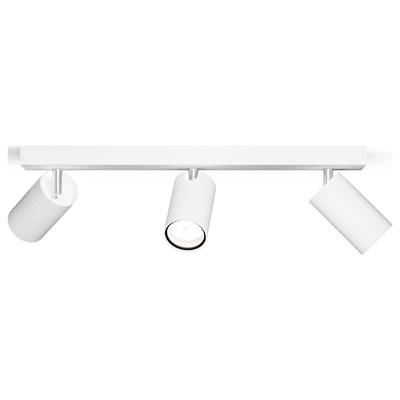 Rail d'éclairage blanche avec trois spots cylindriques réglables pour un éclairage directionnel dans un espace moderne.