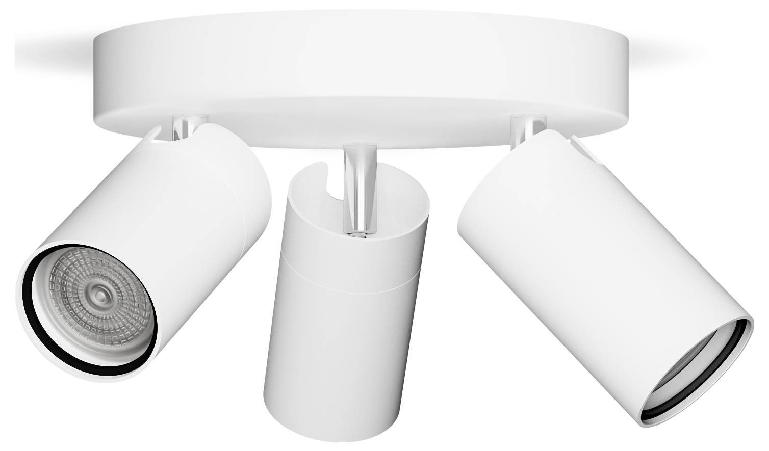 Trois lampes de plafond LED cylindriques et ajustables dans un boîtier blanc moderne. Idéales pour éclairer différents espaces.