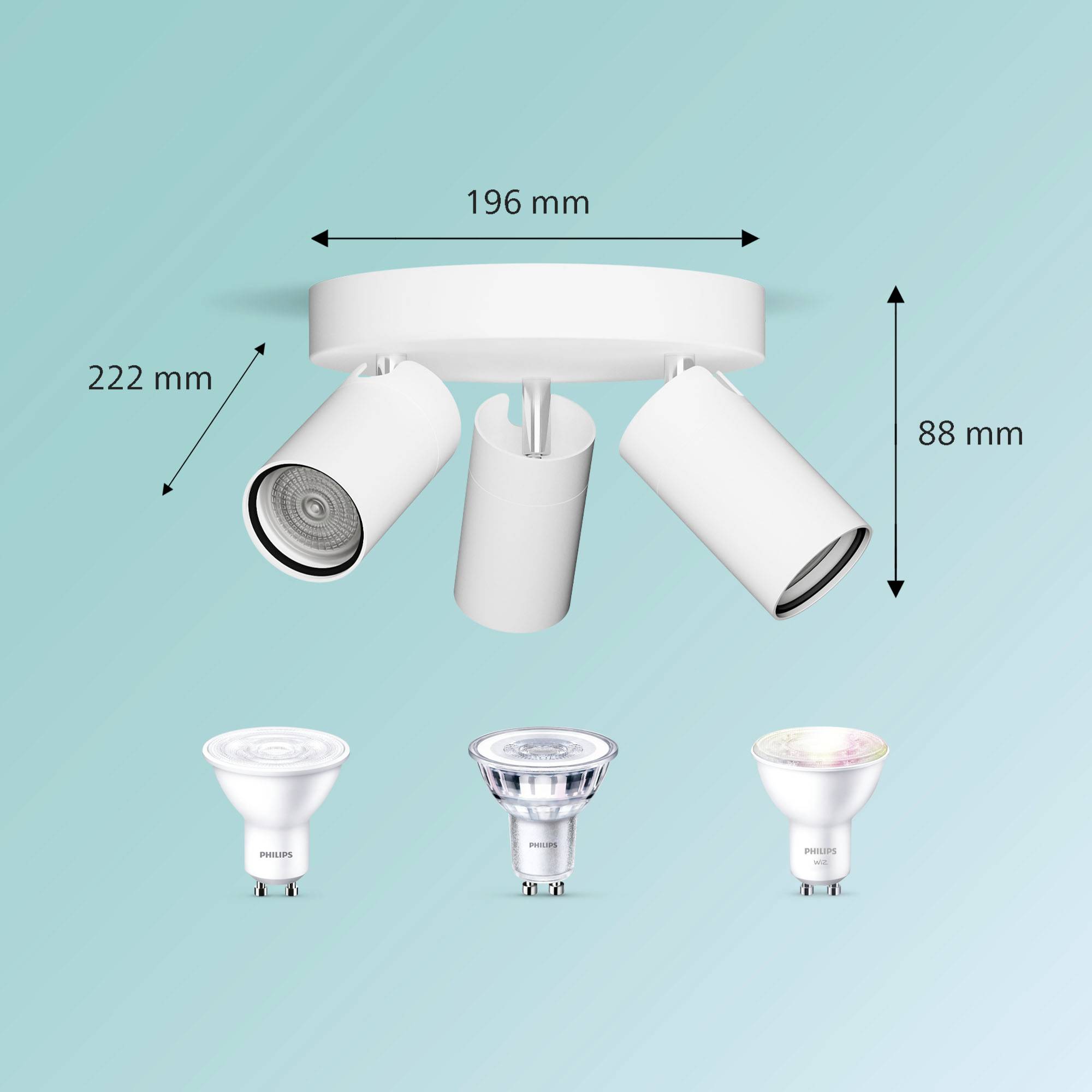 Plafonnier à trois spots orientables ; dimensions : 196 mm de diamètre, 222 mm de hauteur, 88 mm de profondeur ; présente trois ampoules LED.