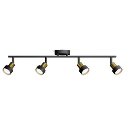 Plafonnier quatre spots en noir et or avec des spots orientables pour l'éclairage d'une pièce.