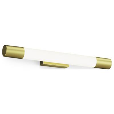 Une lampe murale moderne, cylindrique, avec une extrémité dorée. Elle présente un abat-jour allongé et blanc pour une répartition uniforme de la lumière.