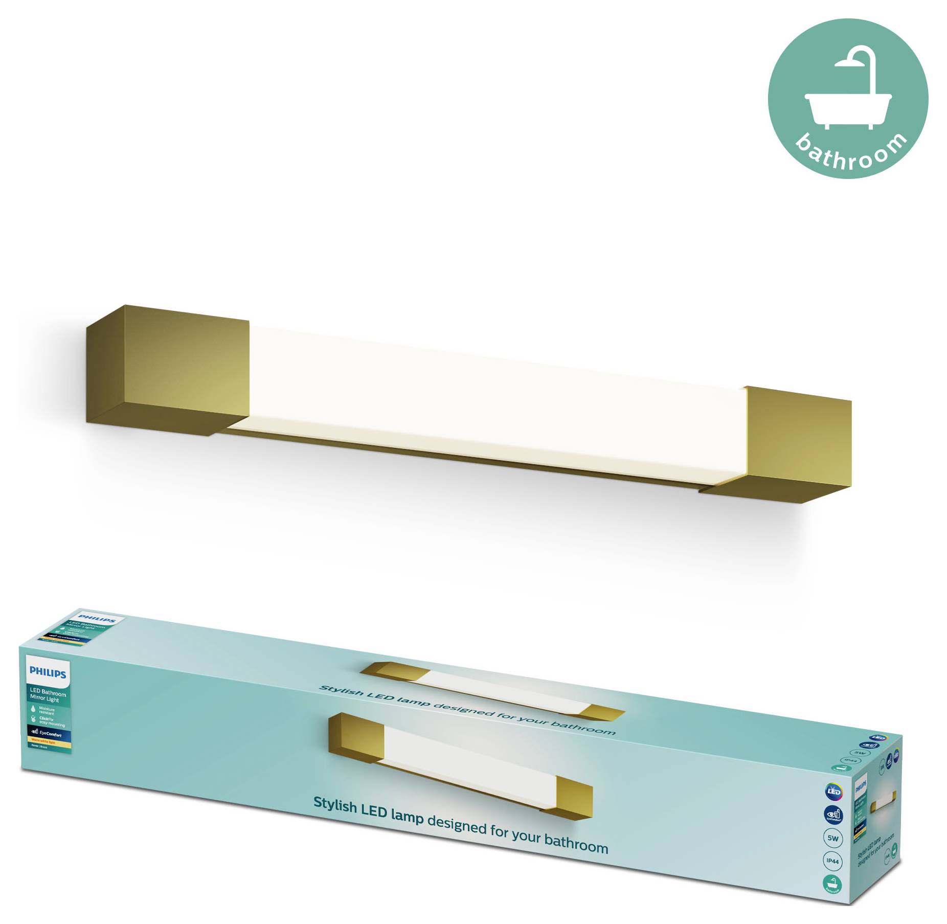 Lampe LED de forme rectangulaire, avec des extrémités dorées et une partie centrale blanche. Emballage portant l'inscription « Lampe LED élégante conçue pour votre salle de bain ».