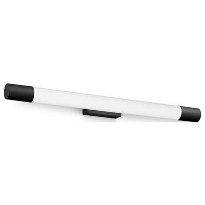 Lampe murale blanche, cylindrique, avec des embouts noirs, montée horizontalement sur le mur.