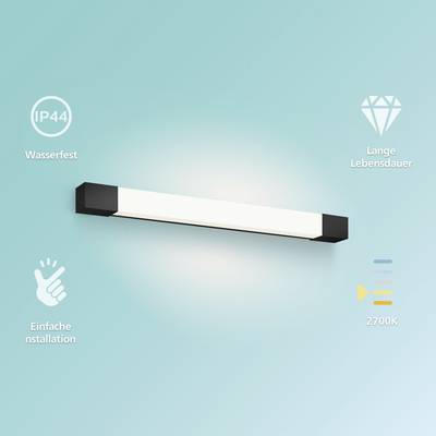 Une lampe LED sur un fond bleu, mise en valeur par des symboles : 'IP44' pour l'étanchéité, 'Longue durée de vie', 'Installation facile', température de couleur '2700K'.