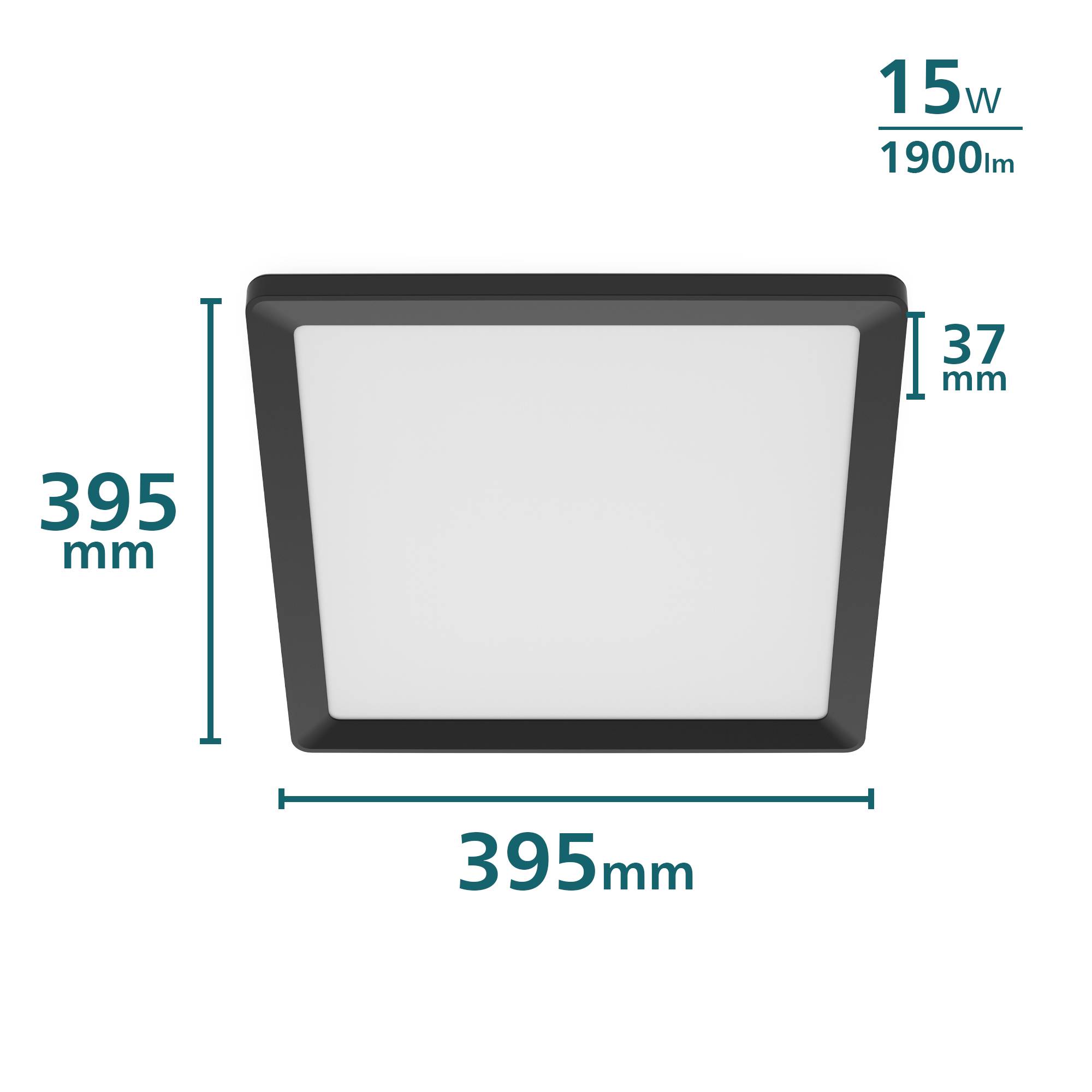 Luminaire LED au design carré, 15W, 1900 lumens, dimensions 395 x 395 mm, hauteur 37 mm. Adapté pour un éclairage économe en énergie.