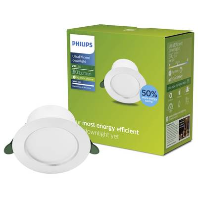 Paquet de luminaire encastré LED UltraEfficient Philips et fixture de lumière ronde blanche encastrée, étiquetée 310 lumens et « 50% d'économies d'énergie supplémentaires ».