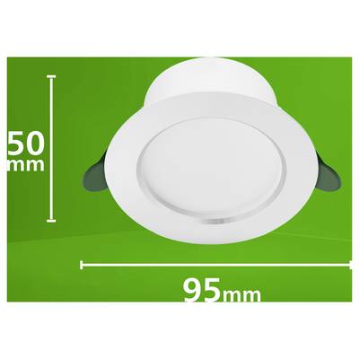 Illustration d'un cadre de lumière encastrée rond blanc avec des dimensions marquées de 95 mm de large et 50 mm de haut sur un fond vert.