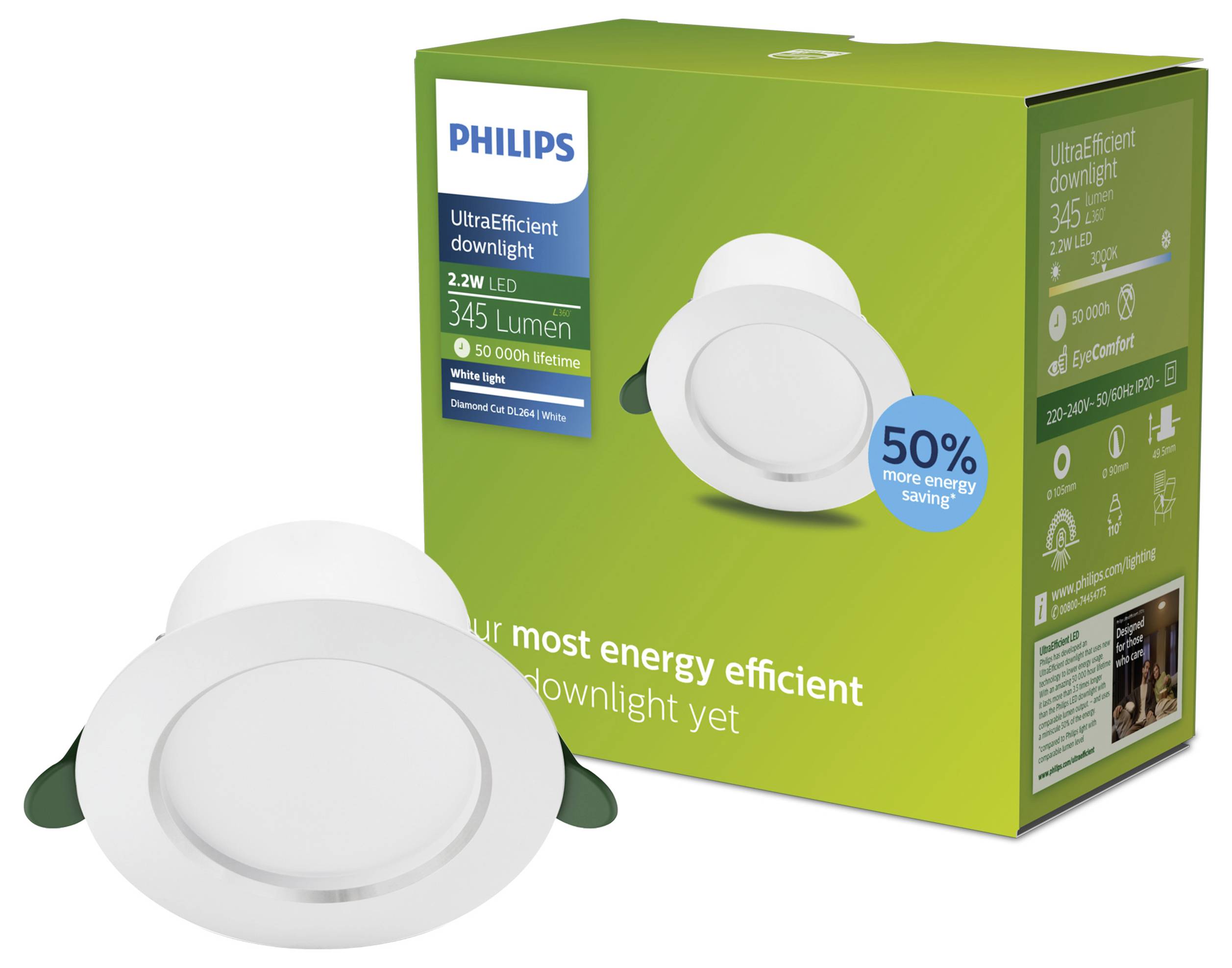 Emballage et image produit du spot LED Philips UltraEfficient, montrant un luminaire encastré de plafond blanc avec l'étiquette « 50% d'économies d'énergie supplémentaires ».