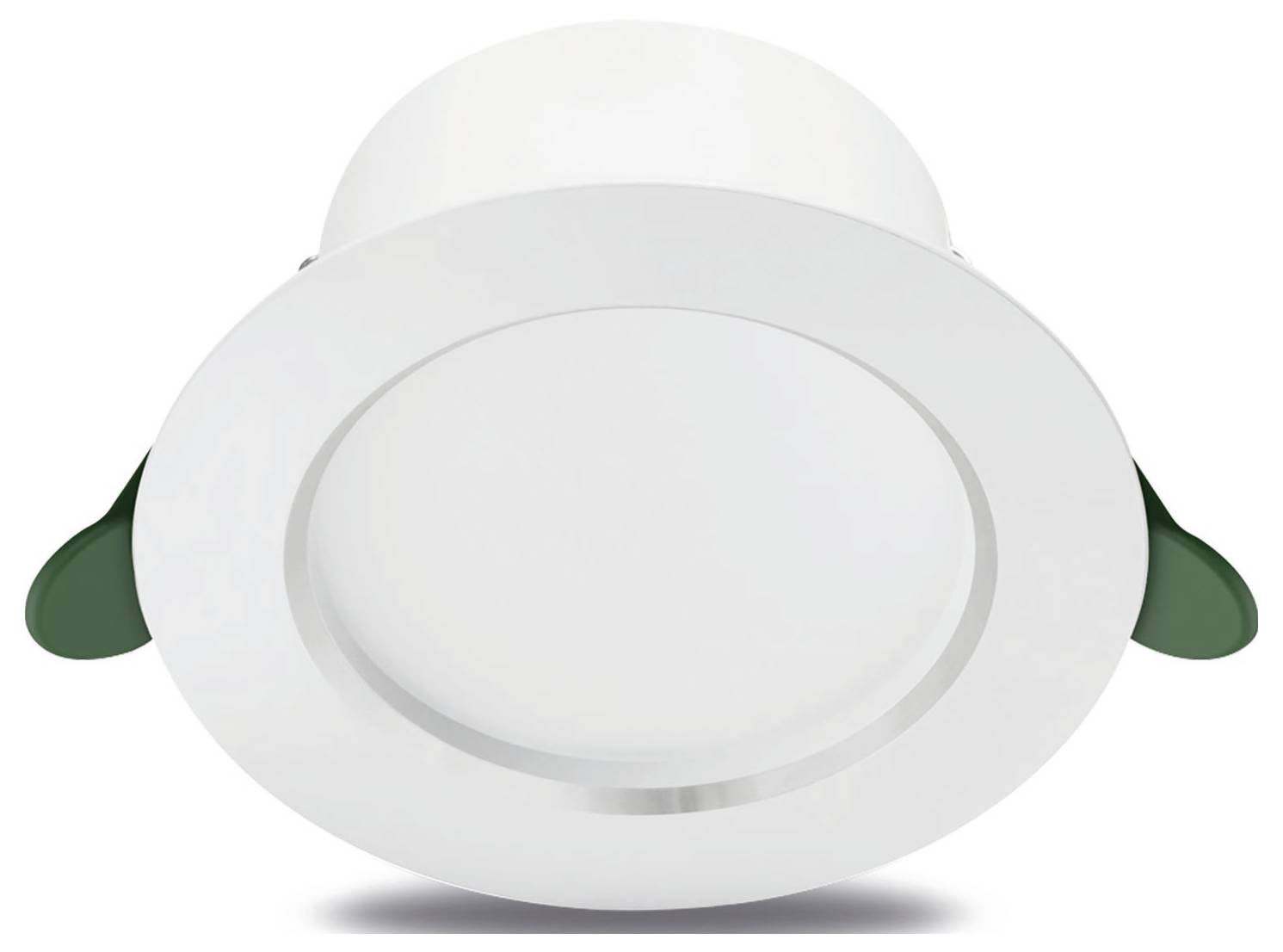 Une lampe encastrable LED ronde blanche, vue de face, adaptée à l'éclairage intérieur moderne. Elle présente un bord lisse et minimaliste.