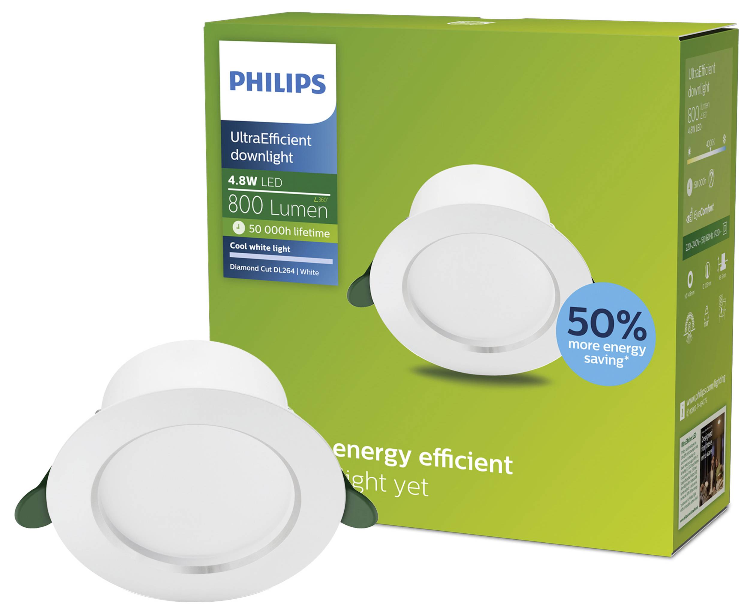 Boîtier de spot LED Philips UltraEfficient affichant 4,8 W, 800 lumens, durée de vie de 50 000 heures, et « 50 % d'économies d'énergie supplémentaires »