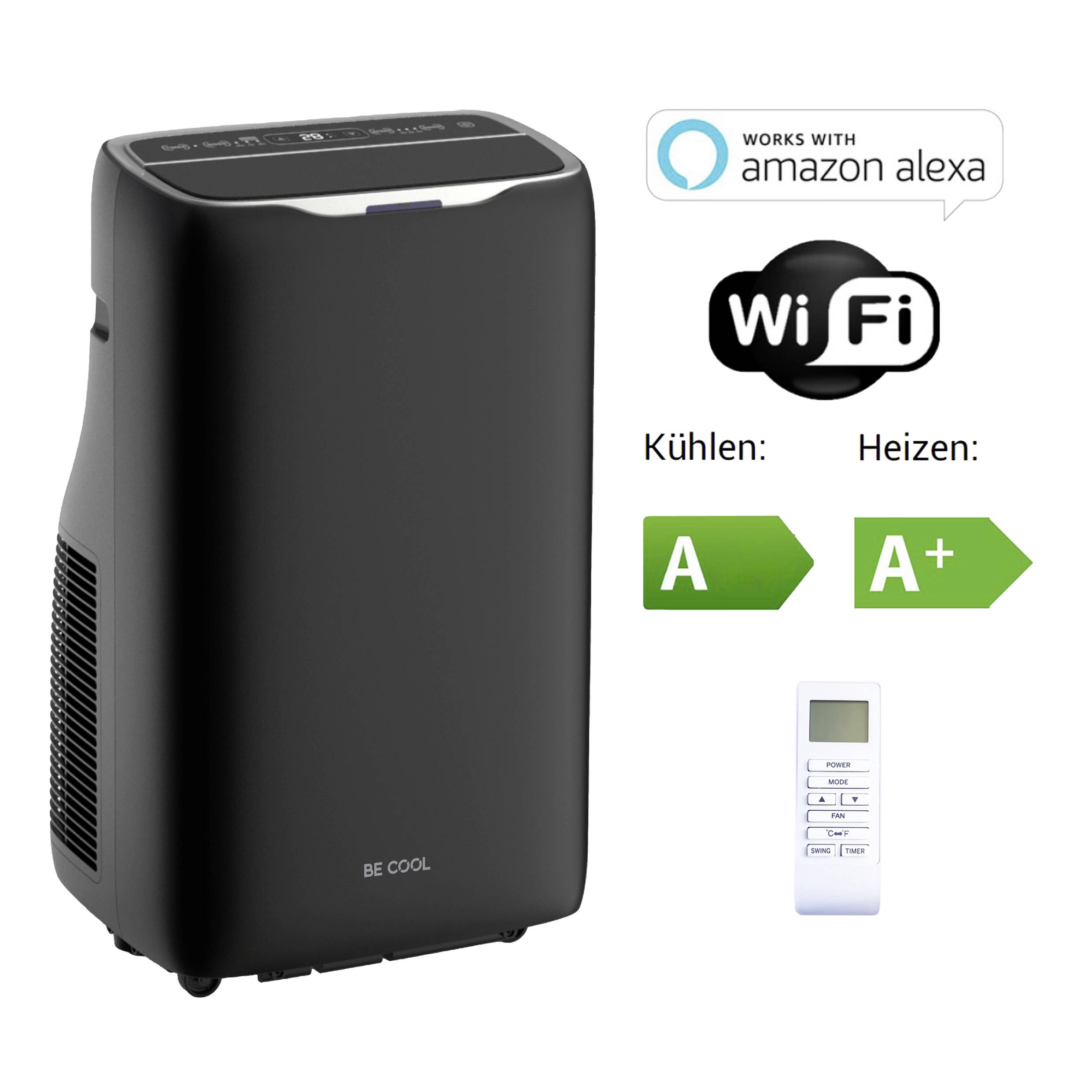 Climatiseur mobile avec WiFi et support Alexa, Classe d'efficacité énergétique Refroidissement : A, Chauffage : A+. Télécommande incluse.