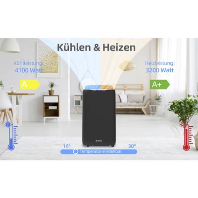 Appareil de climatisation dans un salon moderne, affichant une puissance de refroidissement de 4100 watts avec classe d'efficacité énergétique A, puissance de chauffage de 3200 watts, A+.