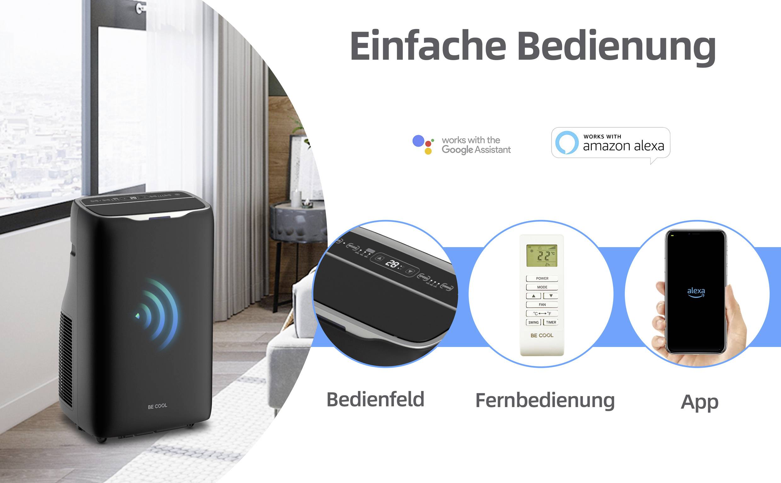 'Purificateur d'air dans la pièce avec panneau de commande, télécommande et application smartphone visible. Compatible avec Google Assistant et Amazon Alexa.'