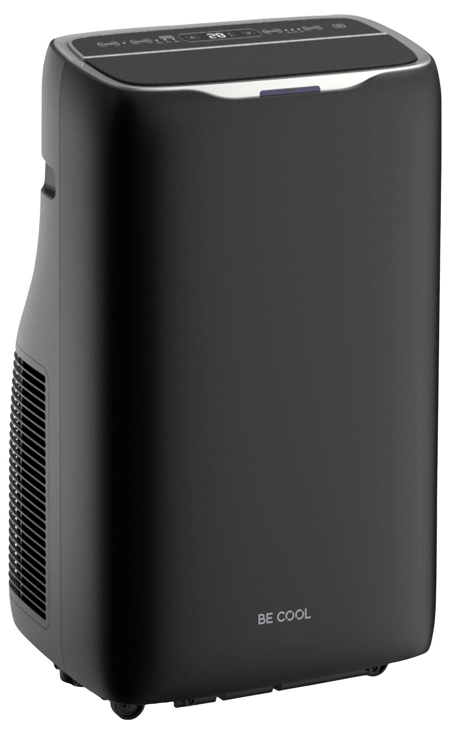 Un climatiseur portable au design noir avec des coins arrondis et des commandes sur le dessus. Inscription 'BE COOL' sur la face avant.