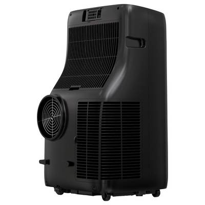 Un climatiseur portable de couleur noire avec une grille de ventilation et des roulettes pour une mobilité facile.