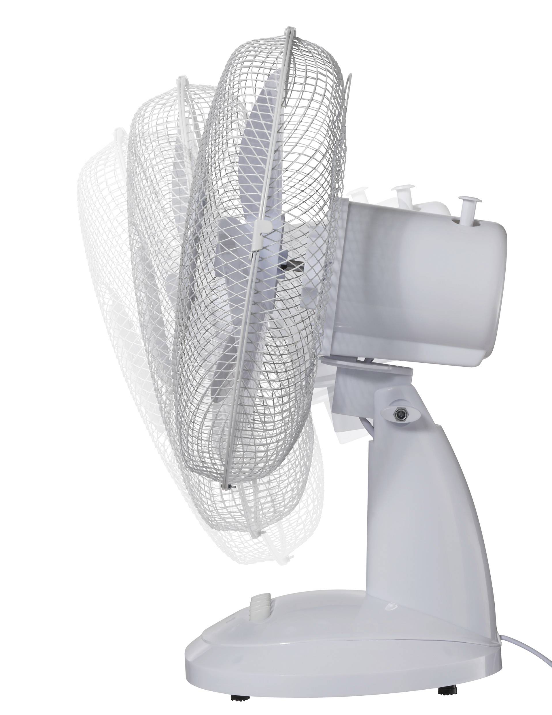 Ventilateur de table blanc avec tête oscillante, vue de côté.