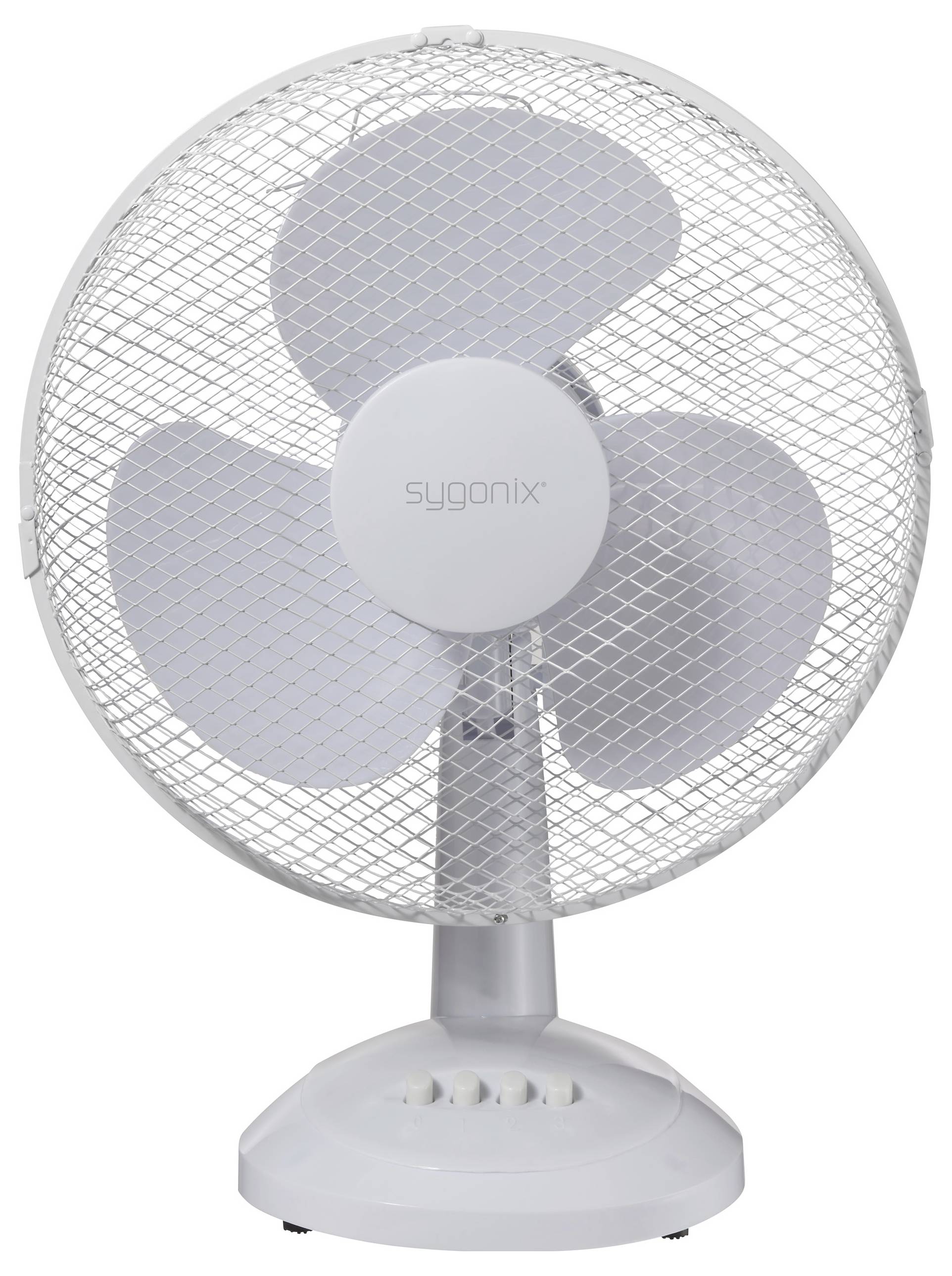 Ventilateur de table blanc à trois pales et avec grille de protection, vendu sous la marque 'sygonix'. Adapté pour rafraîchir l'air.
