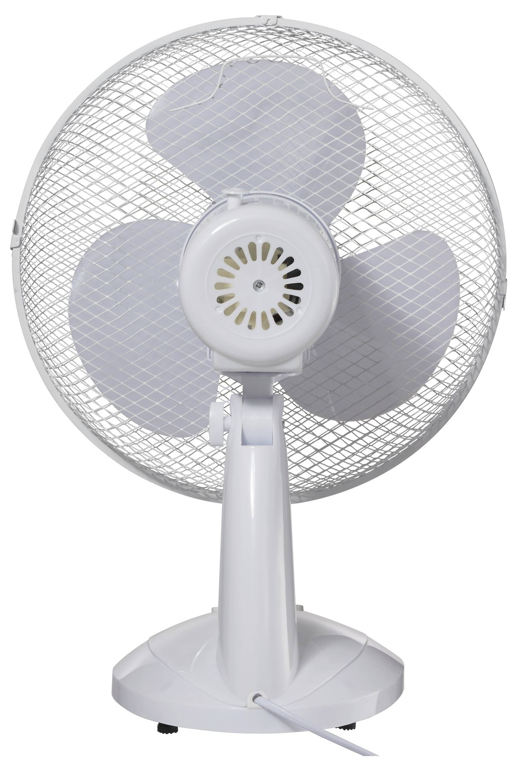 Un ventilateur sur pied blanc avec trois pales et une grille de protection, vue de côté.