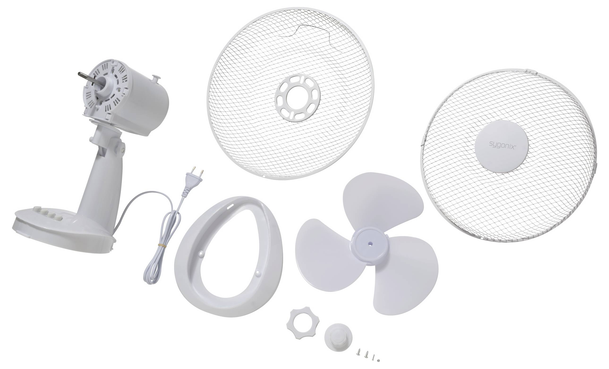 Parties d'un ventilateur démonté : socle, grille de protection, pales, câble d'alimentation, instructions de montage et vis.