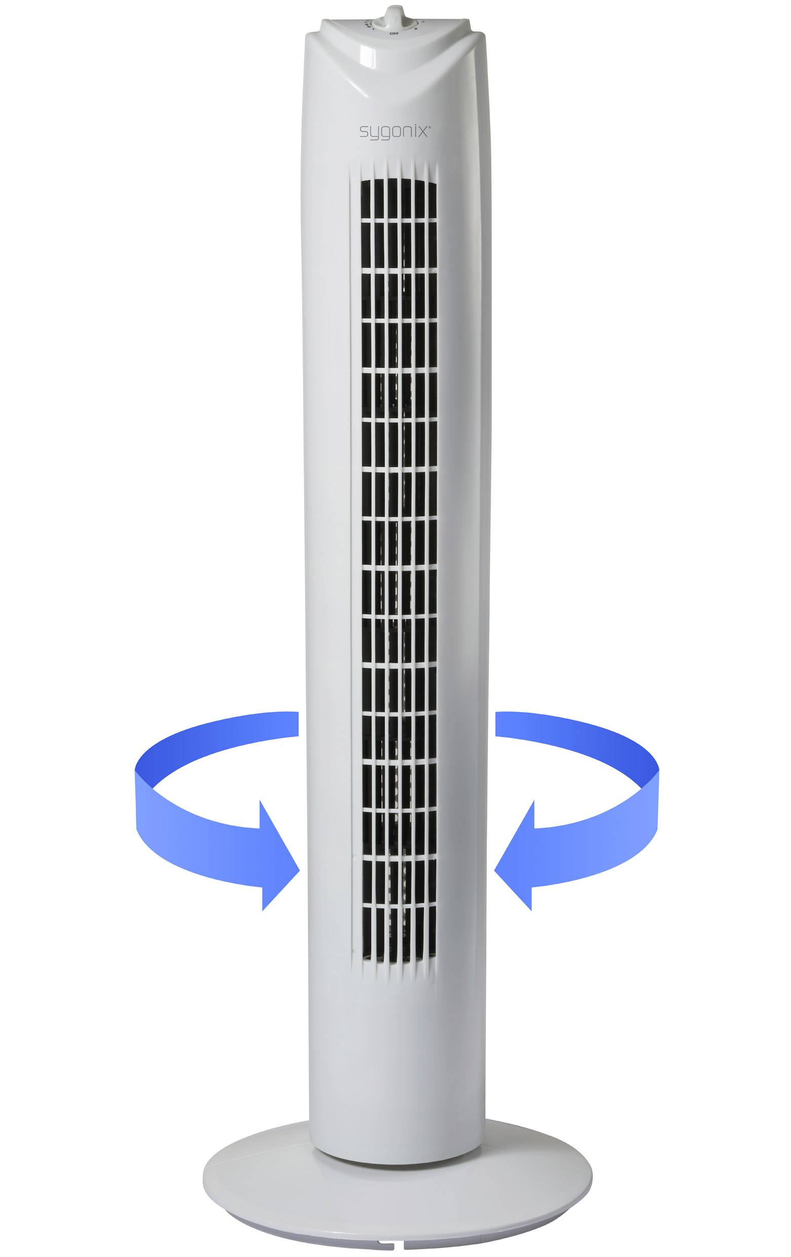 Un ventilateur de tour blanc avec fonction d'oscillation ; des flèches bleues indiquent le mouvement de rotation.