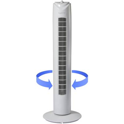 Un ventilateur de tour blanc avec fonction d'oscillation ; des flèches bleues indiquent le mouvement de rotation.